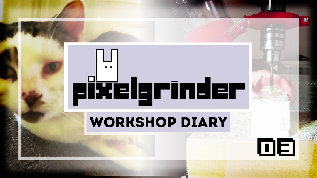 Pixelgrinder Workshop Diary 03 title card laid over video captures of a pillar drill and a cat