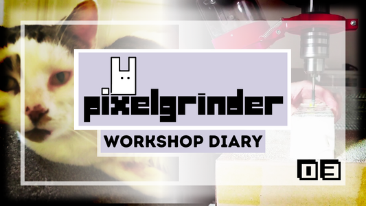 Pixelgrinder Workshop Diary 03 title card laid over video captures of a pillar drill and a cat