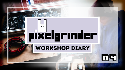 Pixelgrinder Workshop Diary 04 title card laid over video stills whowing wires, circuit boards, and a person working