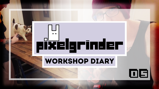 Pixelgrinder WOrkshop DIary 05 title card laid over images of a person talking to camera and a cat walking across a surface