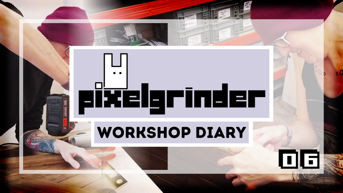 Title card reading Pixelgrinder Workshop Diary over images of a person in a workshop using a drill