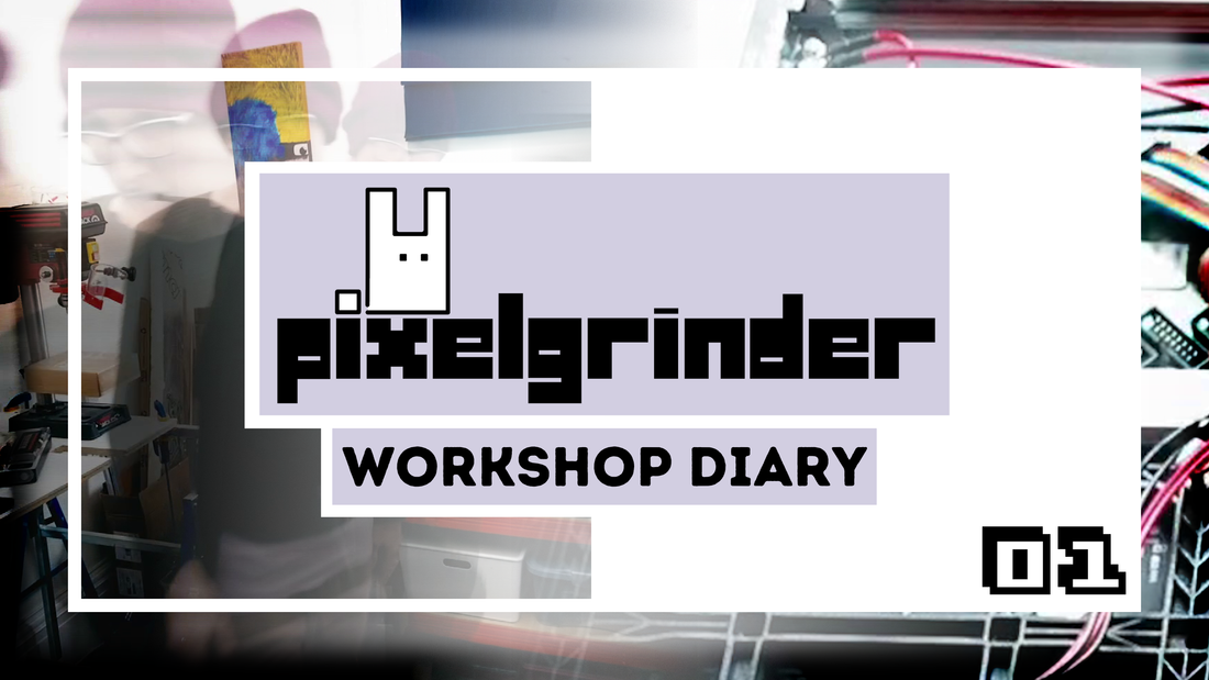 Thumbnail with video capturees in the background and a title card for the Pixelgrinder Workshop Diary 01 overlaid
