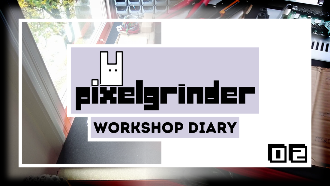 Pixelgrinder Workshop Diary 02 title card laid over images of a workbench by a window