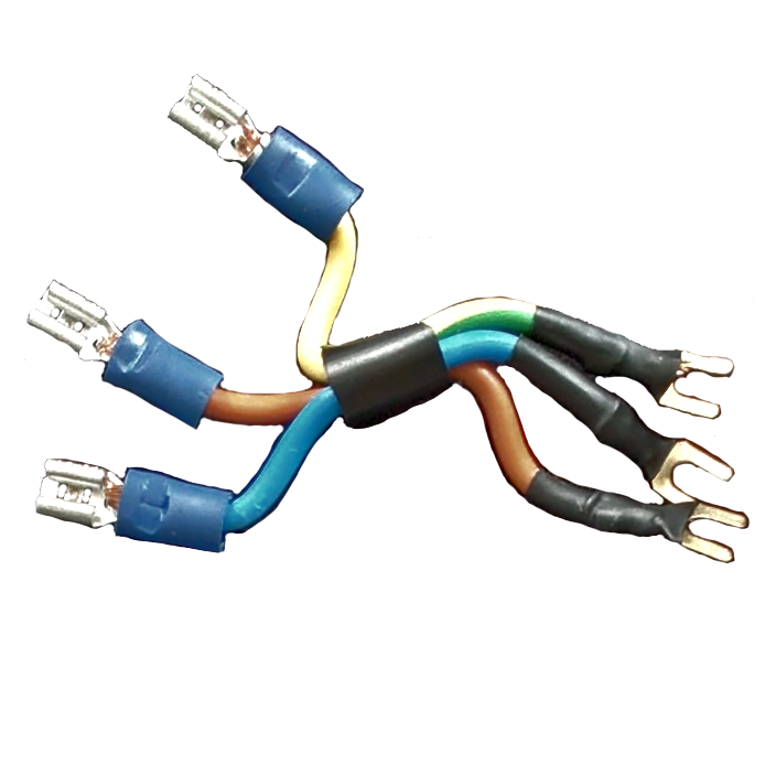 A short length of 3 core mains power cable with forks on 3 ends and spades on 3 ends