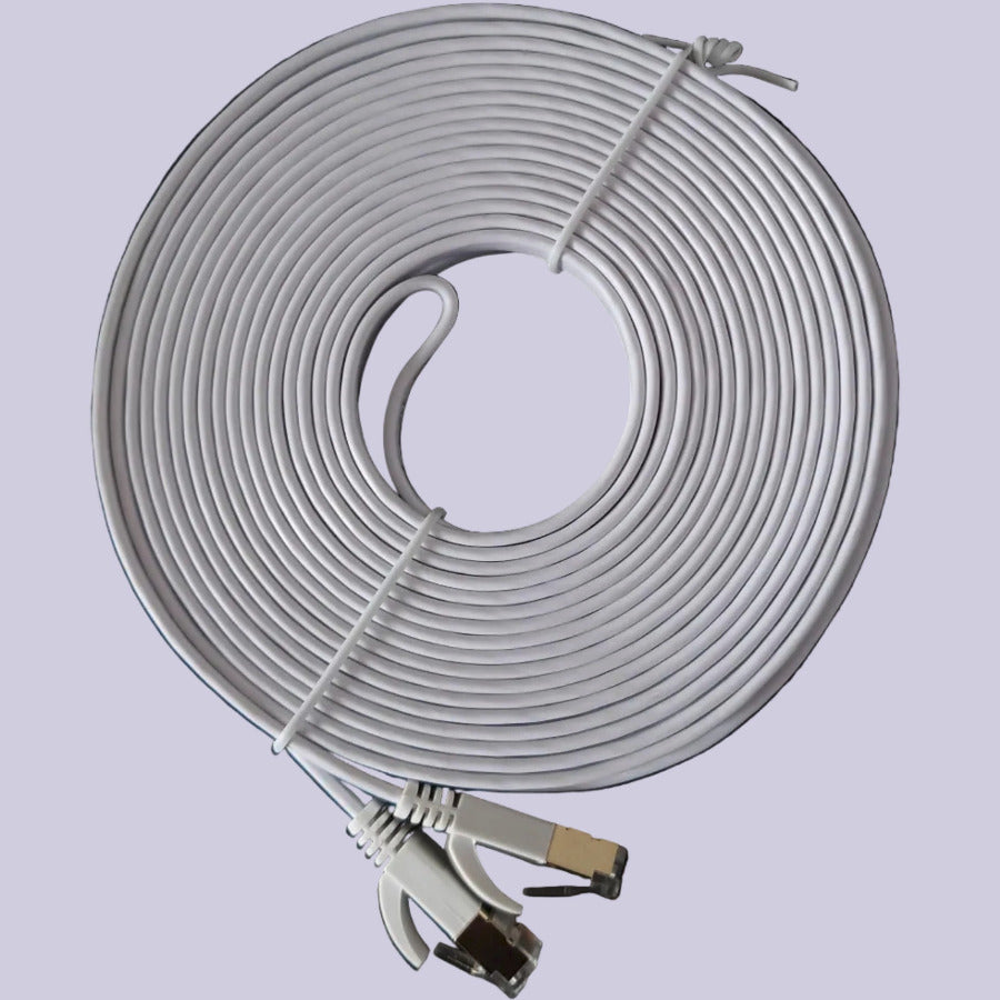 Coiled Ethernet cable with connectors on a light gray background