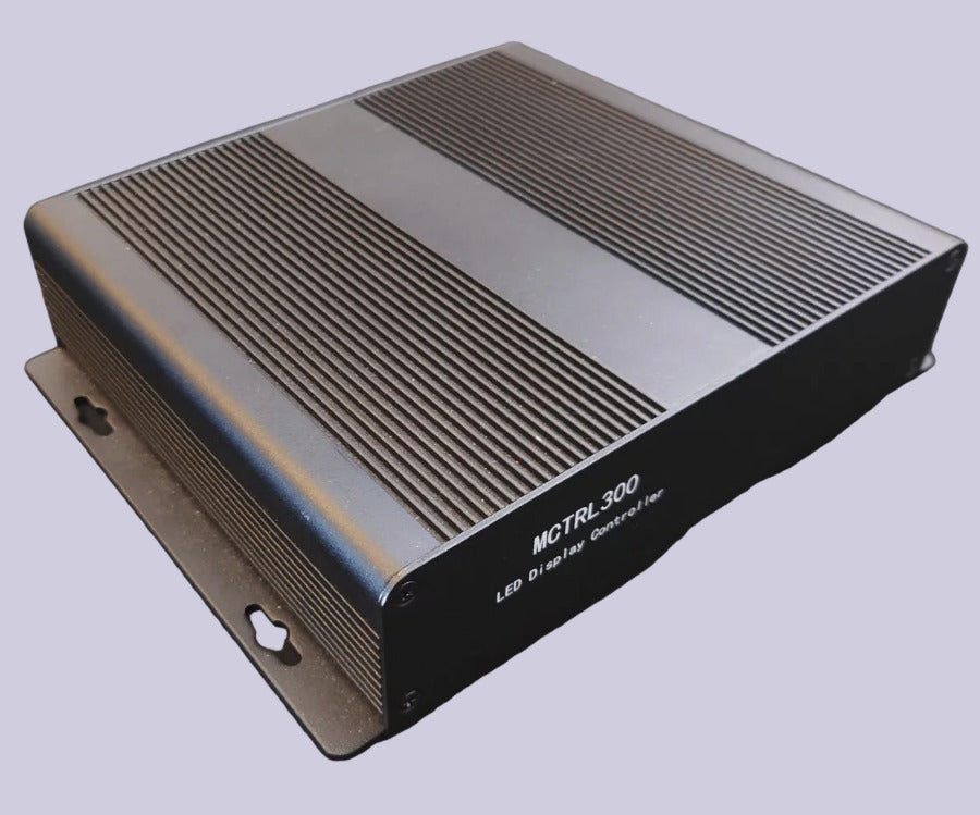 Metallic electronic device with 'MCTRL300' branding on a light gray background