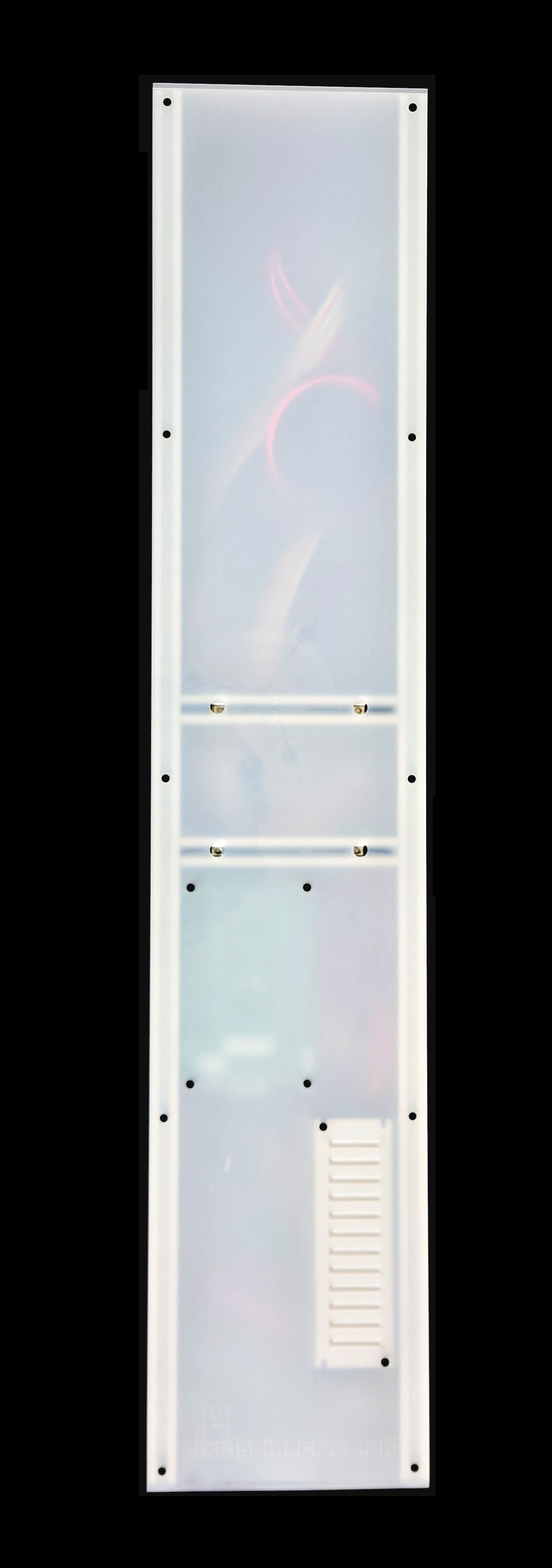 A tall, narrow white rectangular panel or door with multiple small black fasteners and a vent-like grille near the bottom, shown against a solid black background.