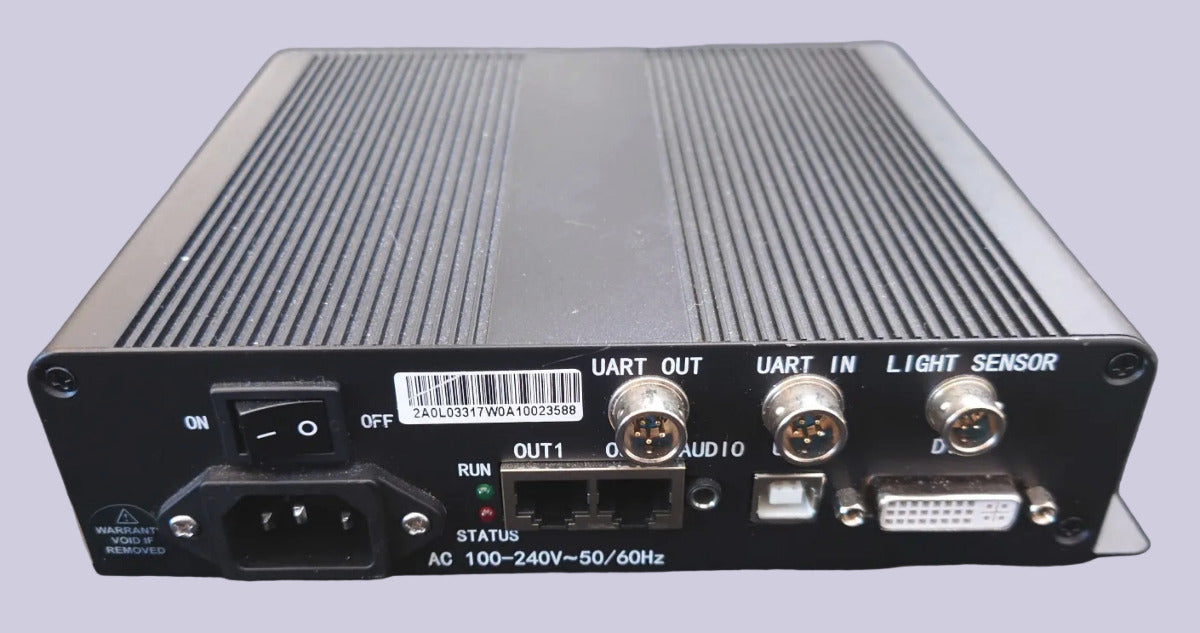 Back view of a LED sending card with various ports and labels on a light gray background