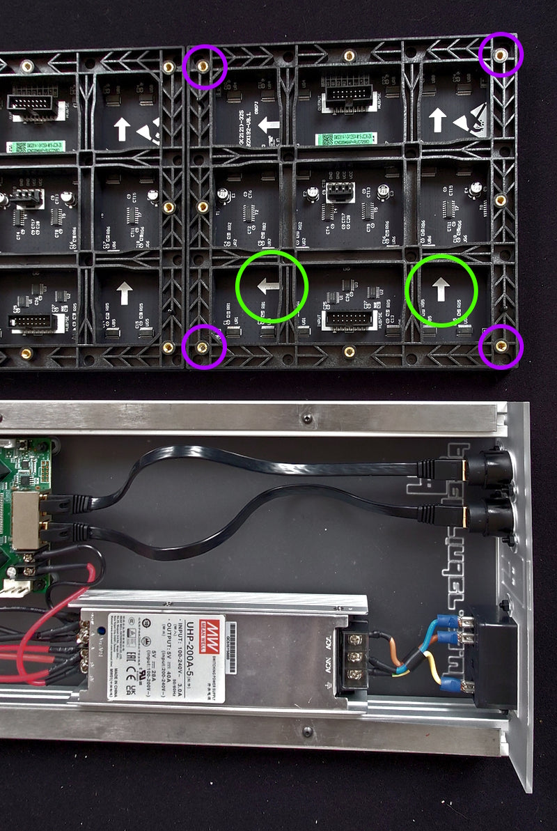 Purple circles show the feet screw points on the back of the LED modules