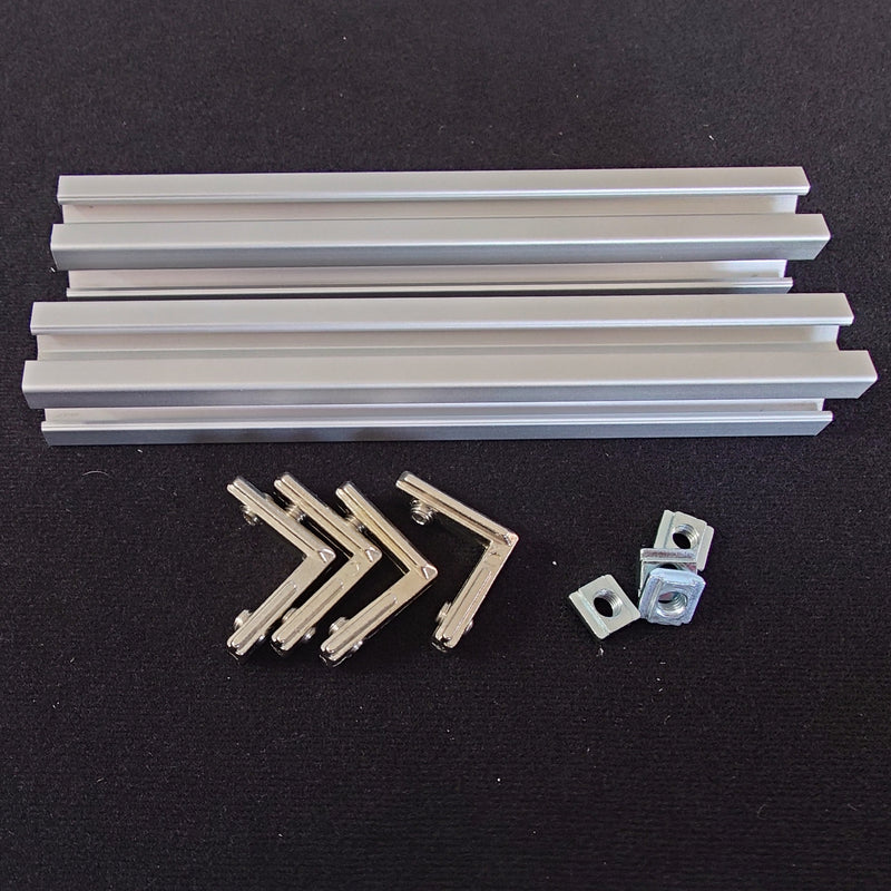 The parts required for tutorial step 2 - 2020 aluminium extrusion, T-nuts, and L-brackets