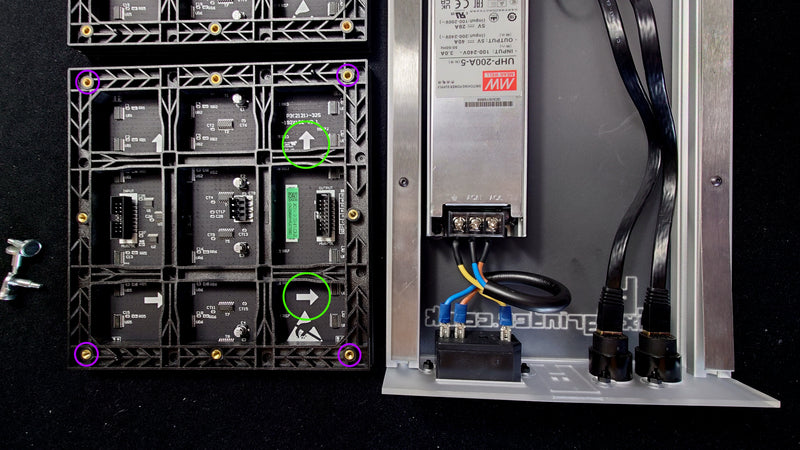Purple circles show the feet screw points on the back of the LED modules