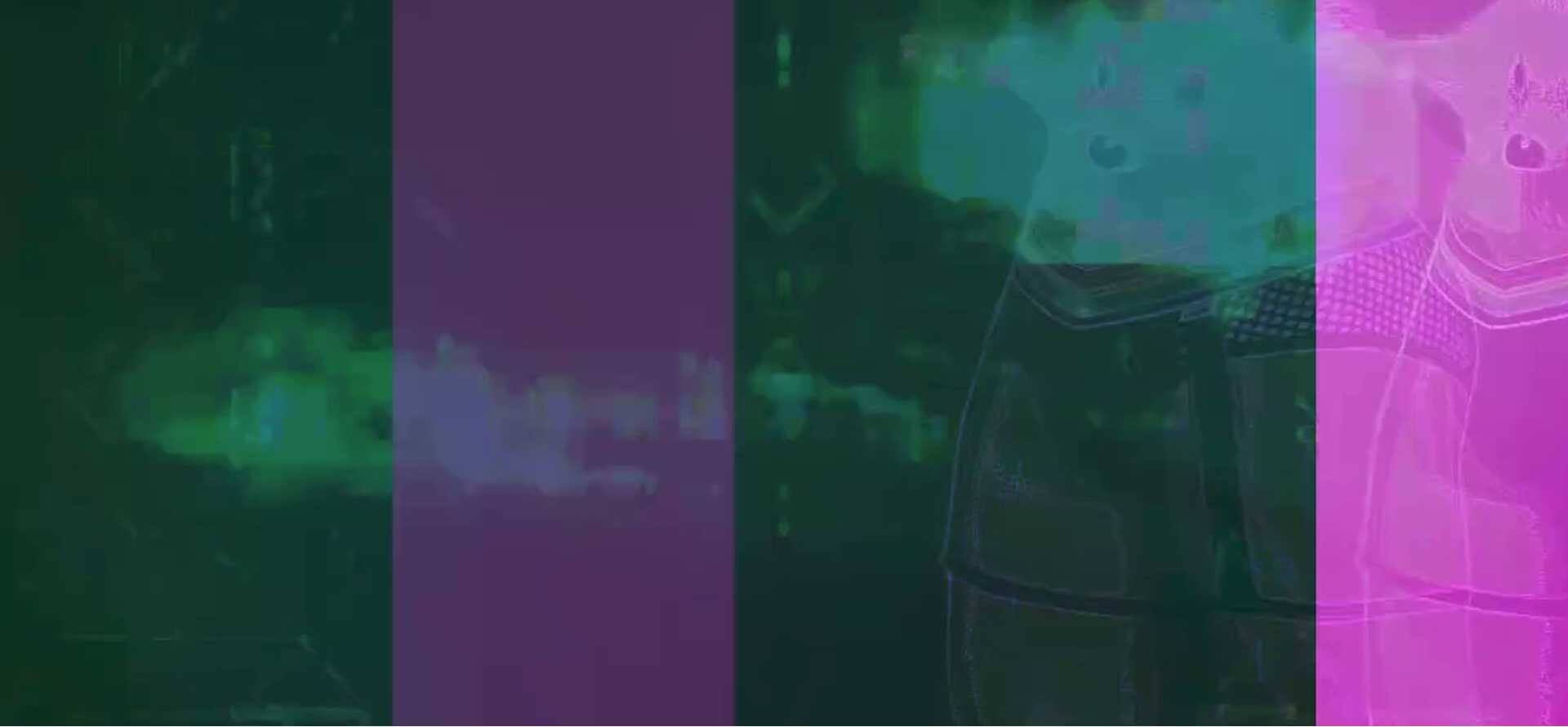 Abstract visuals in pink, green, and purple with an faded image of a hedgehog with human legs.